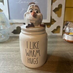NWT RAE DUNN Disney Frozen "I LIKE WARM HUGS" Canister With Olaf Topper